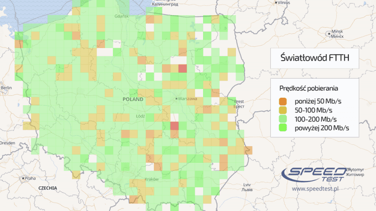 Mapa Polski pokazująca ilość tftów.