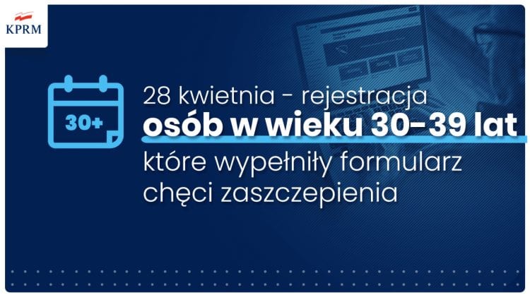 Plakat promujący szczepienia z napisem osb w 30 - lat i termin rejestracji.