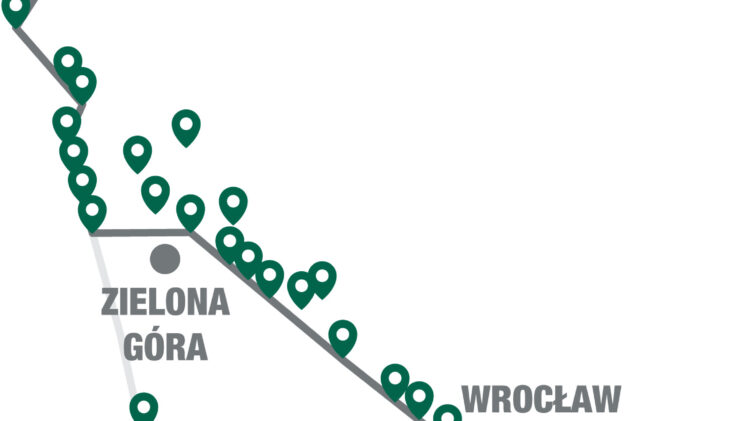 Mapa przedstawiająca trasę pociągu, z zaznaczeniem stacji Wspólna Przygoda i Czysta Odra.