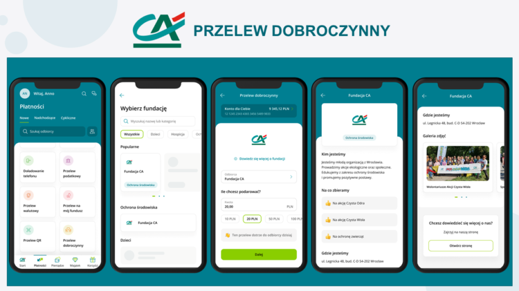 Grupa telefonów komórkowych CA24 z napisem przelew dobroczynny.