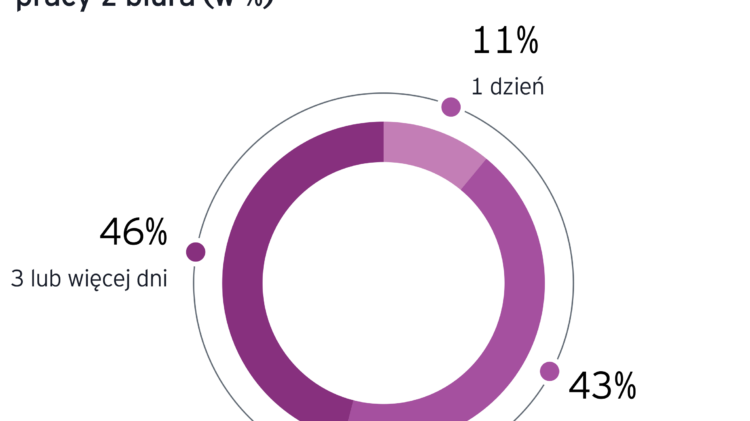 Wykres pierścieniowy przedstawiający procent dni, przez które pracownicy są w pracy w biurze, z podziałem na 1 dzień, 2 dni i 3 lub więcej dni.