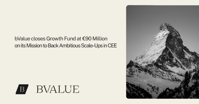 Monochromatyczny obraz szczytu górskiego ze śniegiem i tekstem informującym o zamknięciu przez bvalue funduszu wzrostu o wartości 90 milionów euro, którego celem jest wspieranie ambitnych przedsięwzięć typu „scale-up” w Europie Środkowo-Wschodniej.