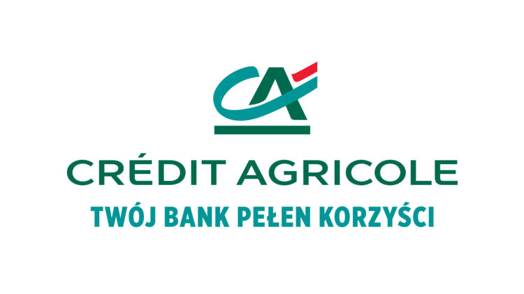 Logo crédit agricole, francuskiej grupy bankowej, któremu towarzyszy hasło w języku polskim „twój bank pełen korzyści”, co oznacza „twój bank pełen korzyści”.