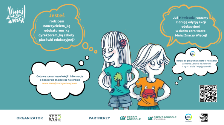 Grafika promocyjna kampanii edukacyjnej „młodzi znaczy więcej” z animowanymi postaciami, dymkami z informacją oraz logo partnerów i sponsorów.