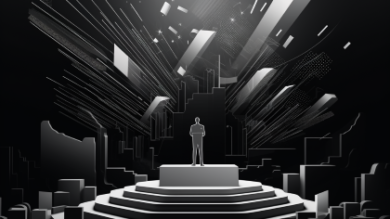 Monochromatyczna grafika przedstawiająca mówcę na podium, otoczona dynamicznymi, abstrakcyjnymi elementami, wskazująca na angażującą prezentację przed publicznością.