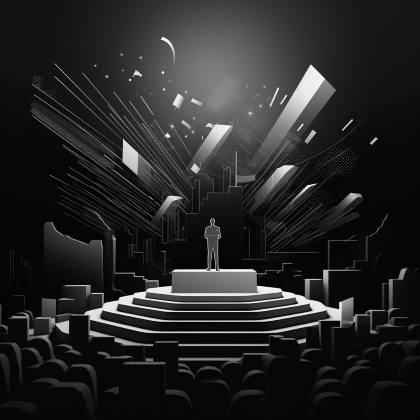 Monochromatyczna grafika przedstawiająca mówcę na podium, otoczona dynamicznymi, abstrakcyjnymi elementami, wskazująca na angażującą prezentację przed publicznością.