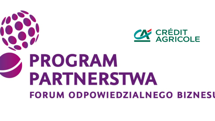 Logo dla „Programu Partnerstwa Forum Odpowiedzialnego Biznesu” z logo Crédit Agricole. Na obrazku znajduje się fioletowo-różowa ikona kuli ziemskiej oraz tekst w języku polskim i francuskim.