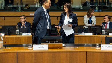 Dwie osoby w strojach biznesowych rozmawiają w sali konferencyjnej. Kilku innych jest zajętych rozmową lub pracą przy biurkach. Tabliczki znamionowe wskazują reprezentację z Polski i Węgier.