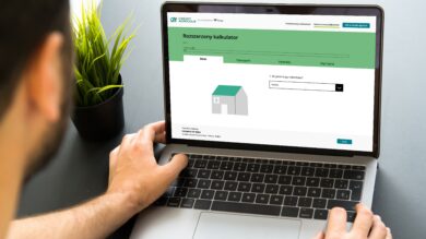 Osoba korzysta z laptopa wyświetlającego kalkulator online do wyceny nieruchomości. Na biurku obok laptopa widoczna jest mała roślina doniczkowa.