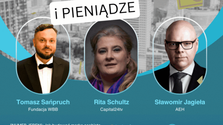 Plakat promocyjny spotkania menadżerskiego z udziałem trzech prelegentów: Tomasza Sanprucha, Rity Schultz i Sławomira Jagieły. Wydarzenie zaplanowano na 19 czerwca 2024 r. o godzinie 19:30 i będzie transmitowane online.