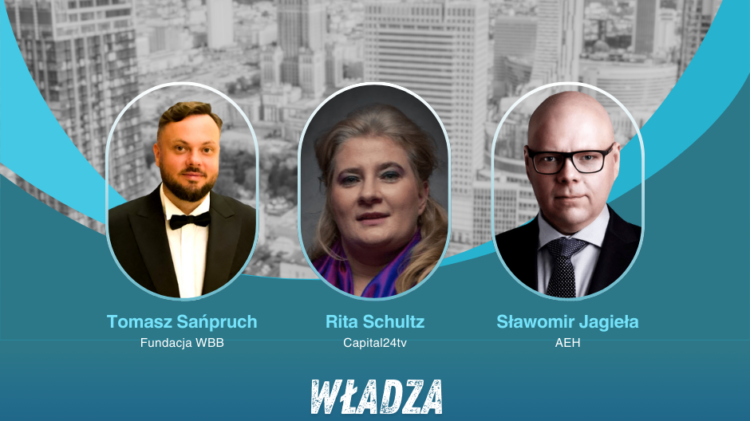 Na tle pejzażu miejskiego z logo i nazwiskami ukazane są trzy osoby: Tomasz Sańpruch, Rita Schultz i Sławomir Jagieła. Baner z napisami „Spotkanie Menedżerów” i „Władza i Pieniądze.