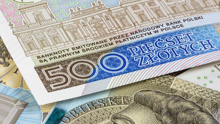 Zbliżenie polskich banknotów, z podkreśleniem banknotu 500 zł z projektami architektonicznymi i cyfrą „500” napisaną wyraźną niebieską czcionką.